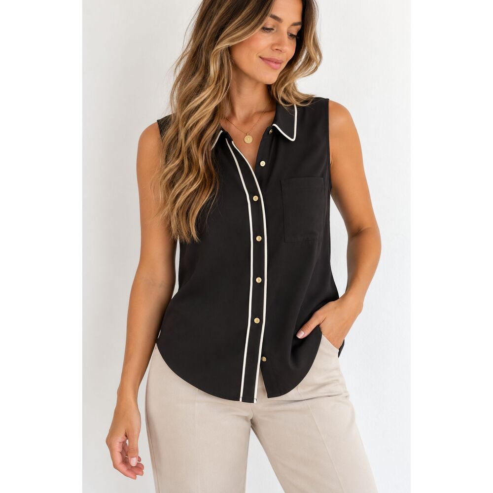 NWT Liz Claiborne Black Sleeveless Button Front Blouse Women’s XL White Piping